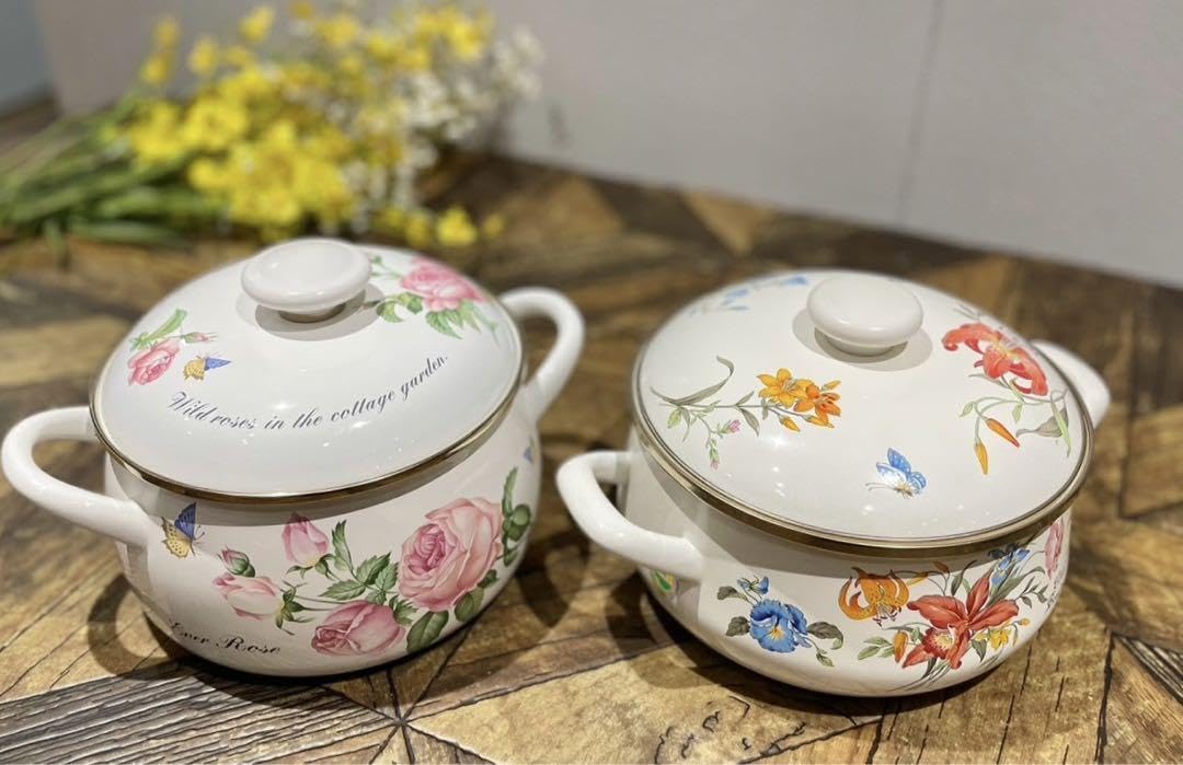 Amazon.co.jp: ホーロー鍋 富士薔薇 ローズ 両手鍋 セット 花柄レトロ