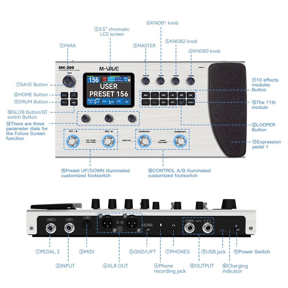 Amazon.com: M-KVIVE MK-300 Guitar Multi-Effects Processor Pedal