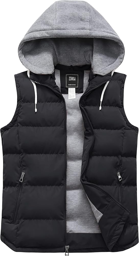 ZSHOW Men's Black Puffy Vest Removable Hooded Waterproof Skiing