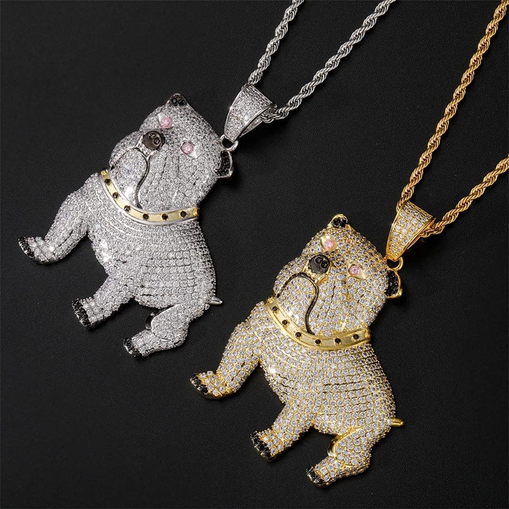 Fantex 14K Iced Out Bulldog Pet Necklace, Full Shiny CZ Lab