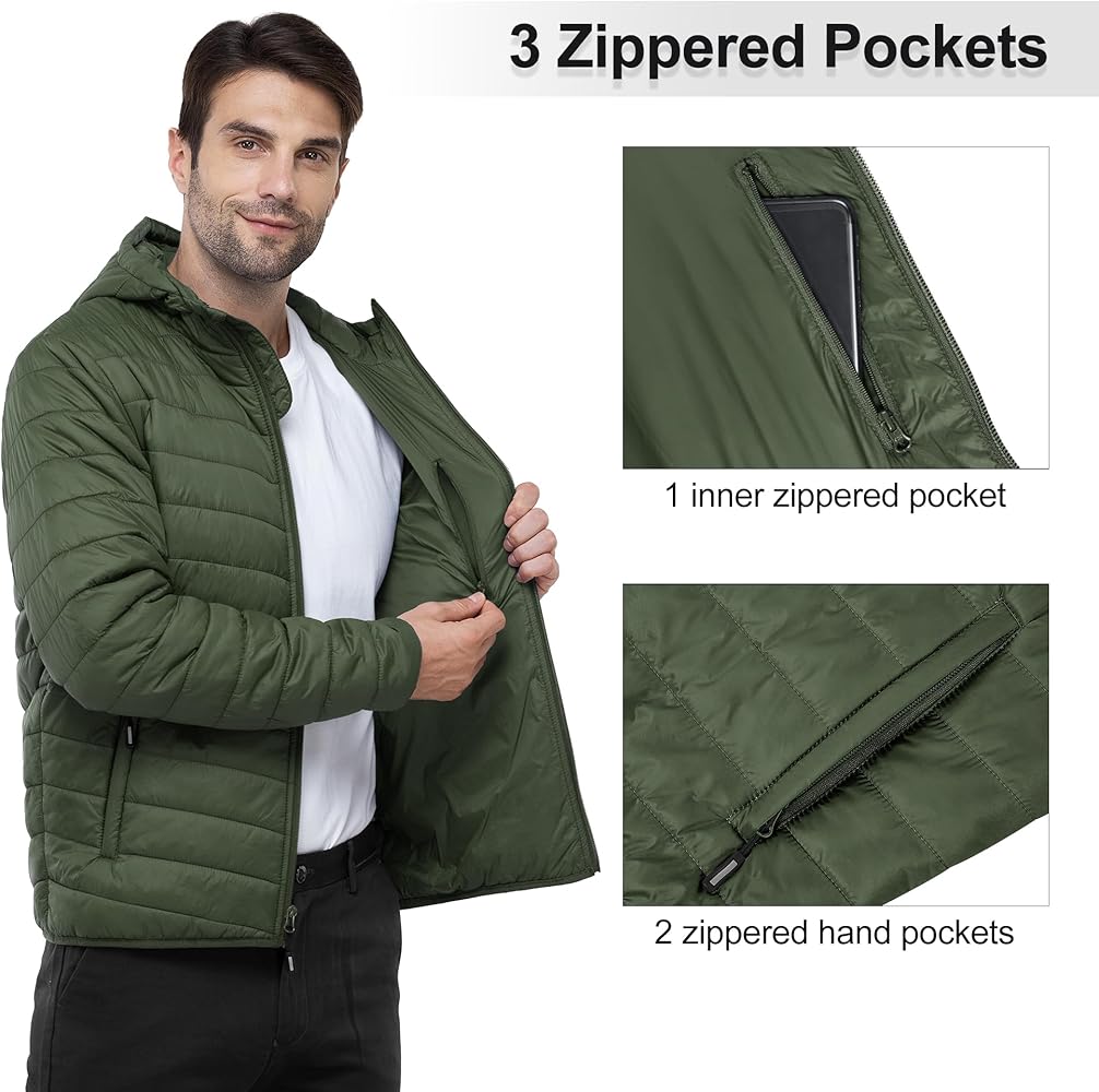 Outdoor Ventures Men's Lightweight Packable Hooded Puffer Jacket