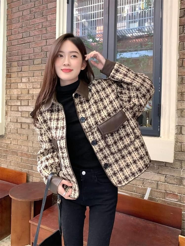 Amazon | [BLZXIAN] ジャケット レディース チェック柄 ショート丈