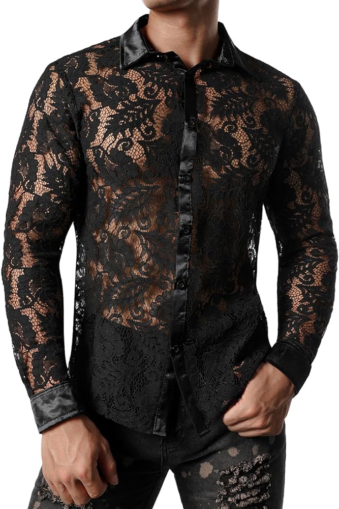 Amazon.com: JOGAL Men's See Through Flower Lace Sheer Blouse Long