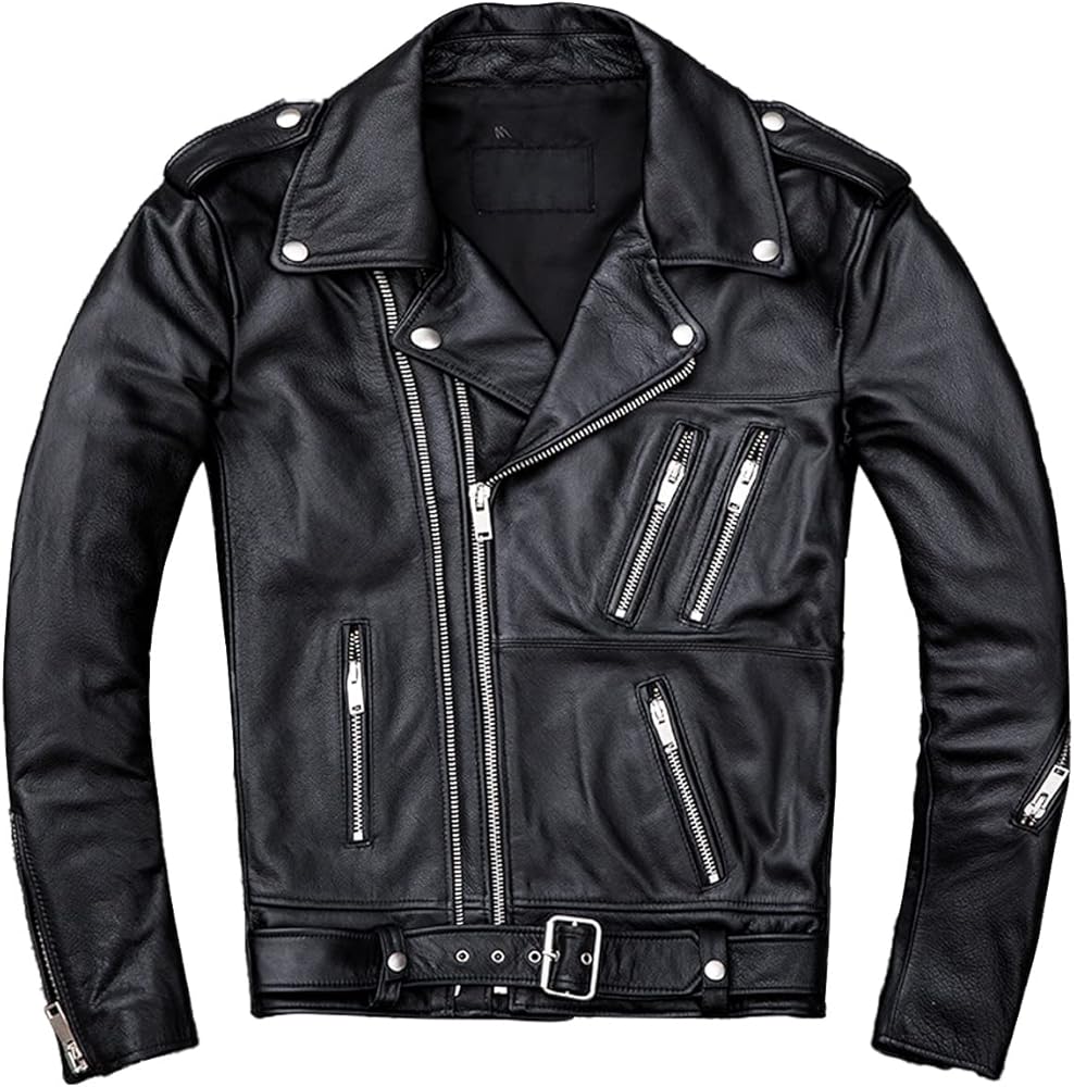 Men's Negan Genuine Sheepskin Lapel Collar Asymmetric Zip-up Slim