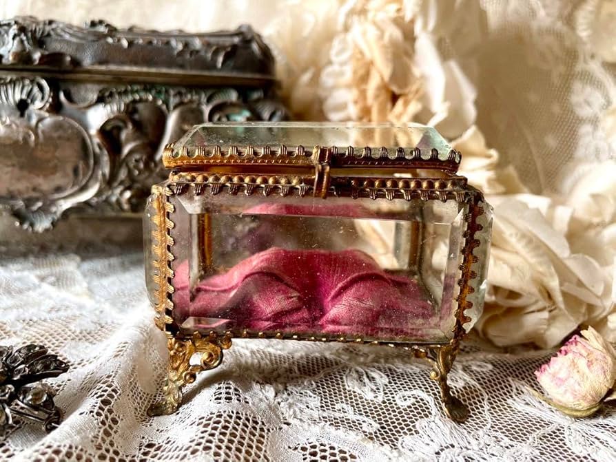 フランスアンティーク ベベルガラス ジュエリーボックス ピンク