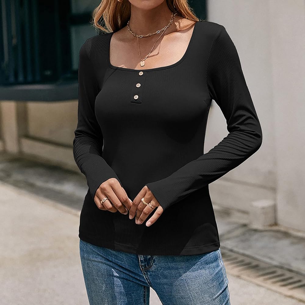 Womens Knit Henley Shirts Sexy Square Neck Tops Long Sleeve Slim
