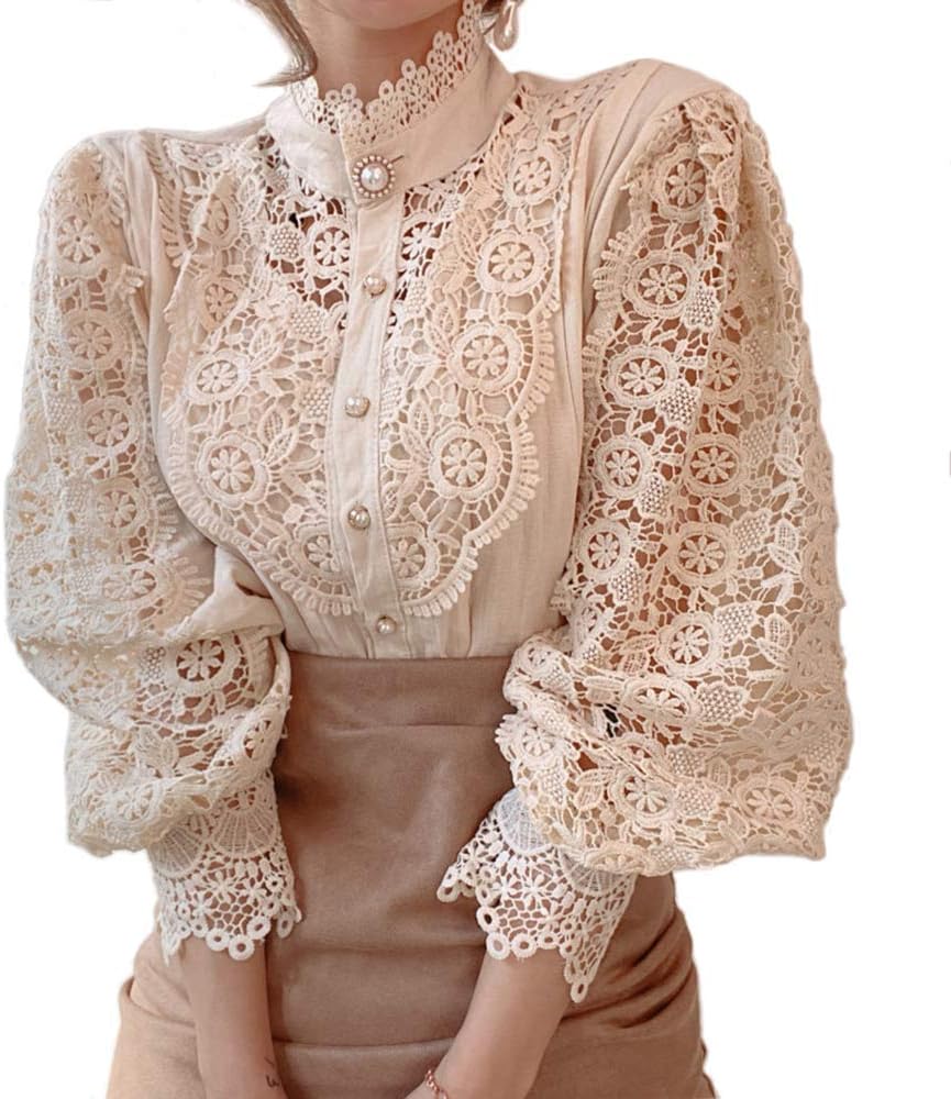 Women's Elegant Lace Trim Shirts Casual Victorian Blouse Long