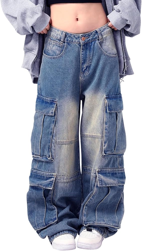 Lafaguw Baggy Cargo Jeans for Men Women Multi-Pocket Low Waist