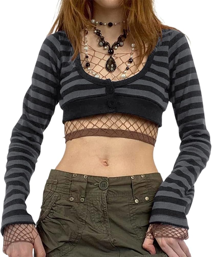 Women Y2K Striped Long Sleeve Crop Top Button Down U Neck Slim Fit