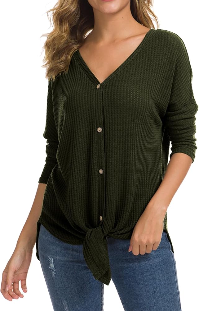 IWOLLENCE Womens Loose Henley Blouse Bat Wing Long Sleeve Button