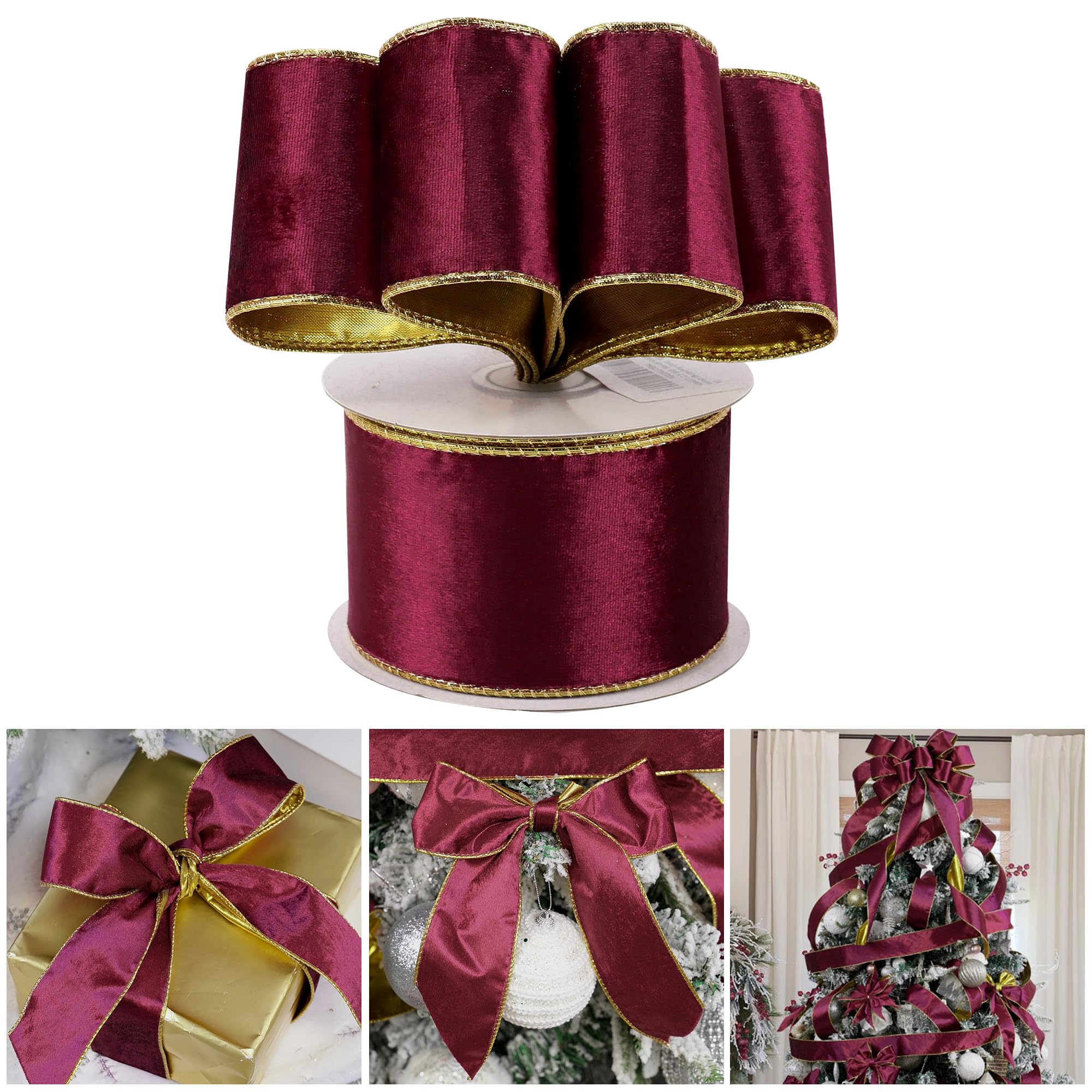 AIMUDI Velvet Burgundy Wired 2.5 Inch Ribbon for Wreaths