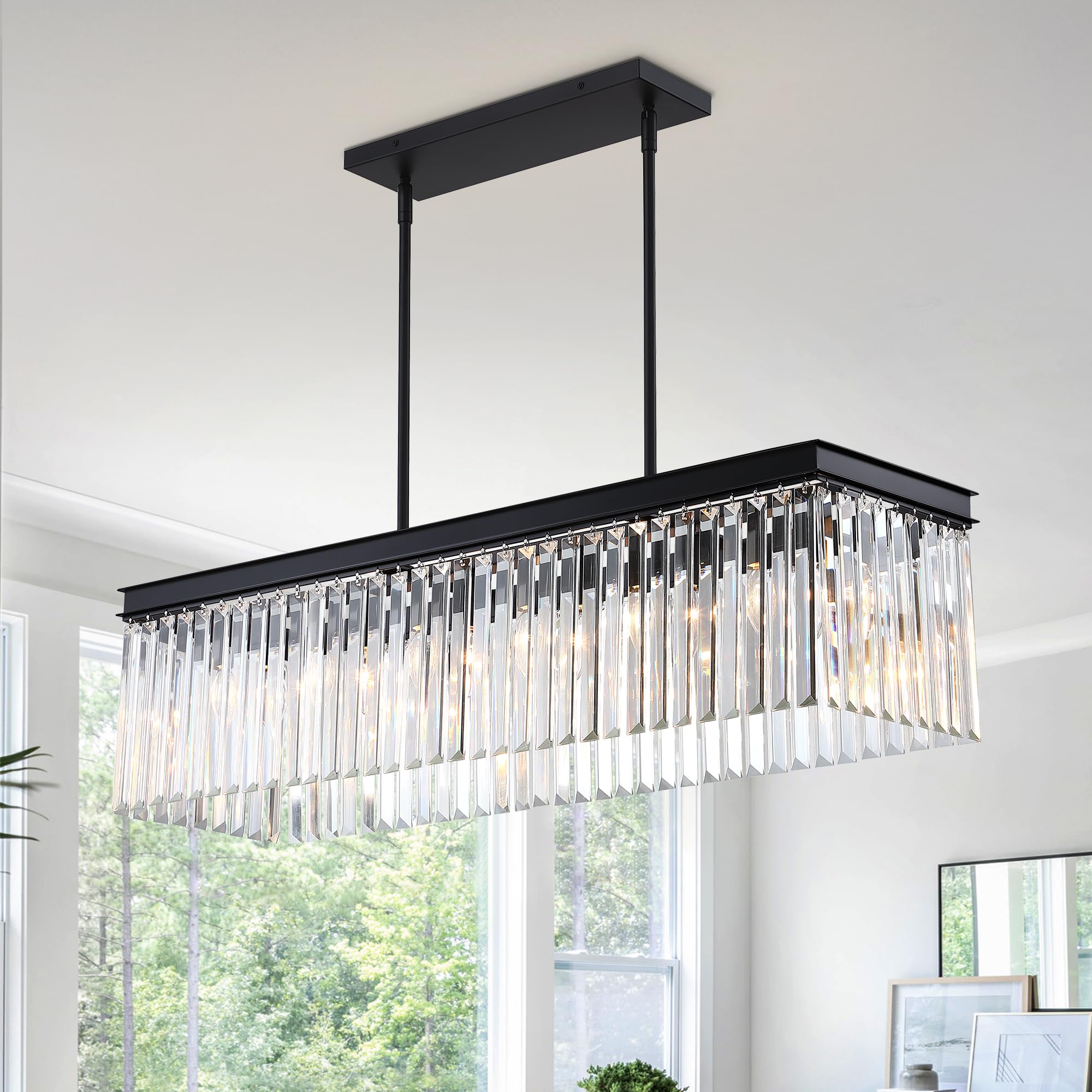 pasentel Rectangle Crystal Chandelier, 6-Light Modern Large Black