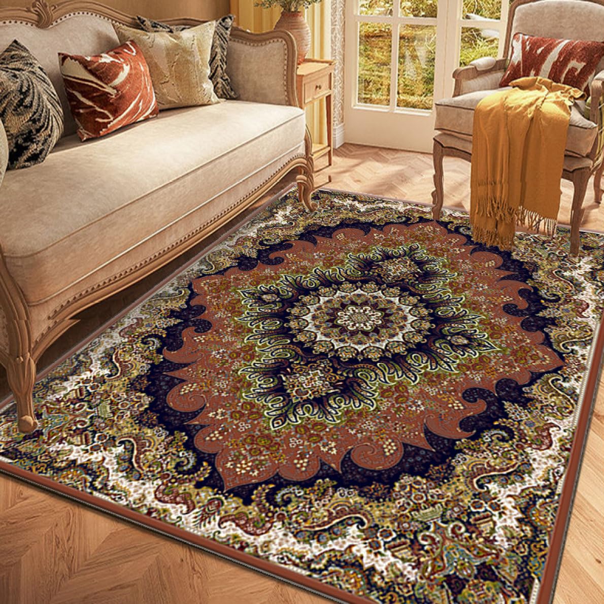 ベルギー製 ペルシャ絨毯 カーペット 花柄の黄色いラグ