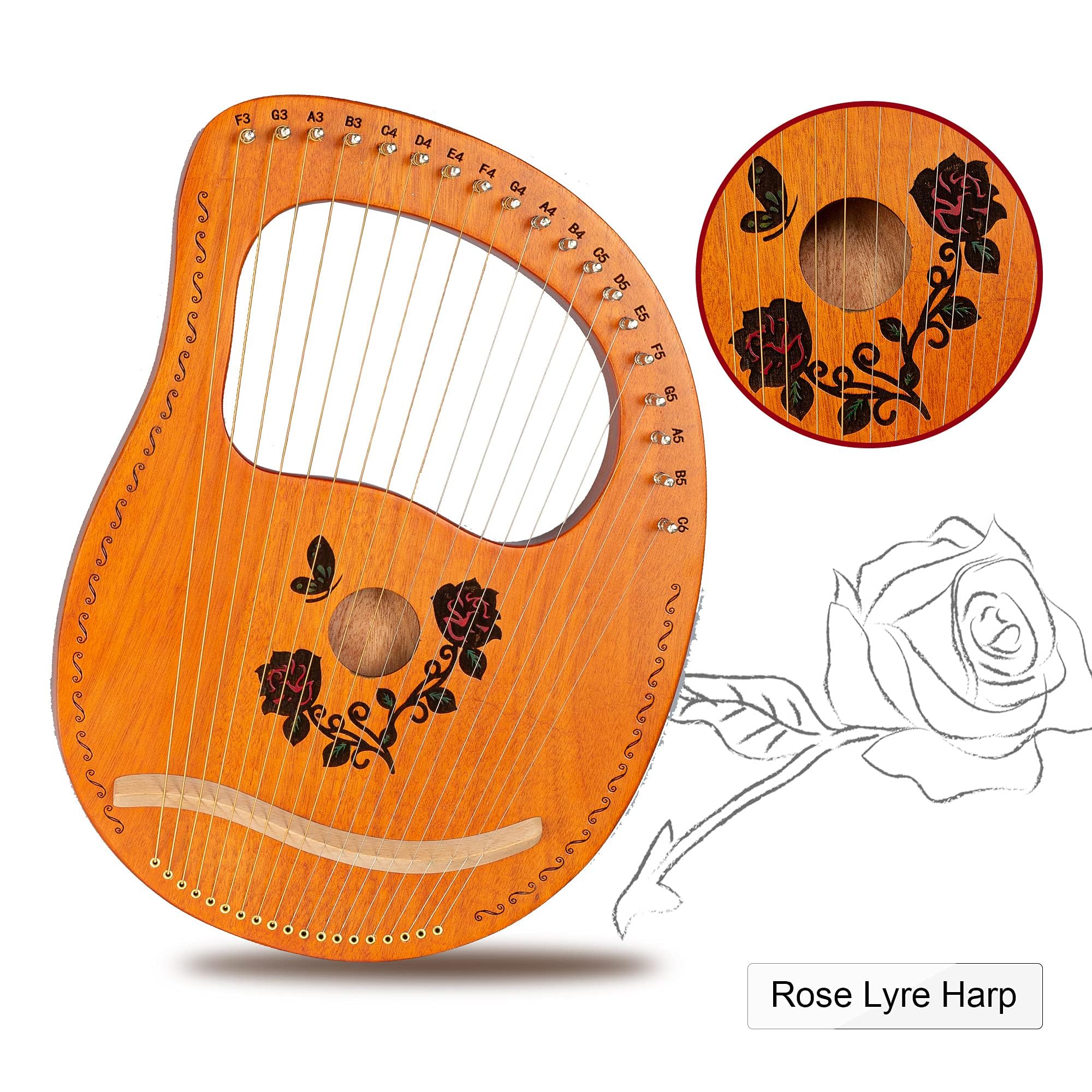 Amazon.com: Cuecutie Lyre Harp 19 String Wood Rose Harp Portable