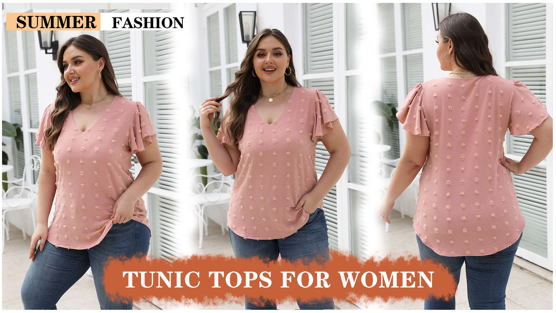 Plus Size Pink Top Women's Ruffle Sleeve V Neckline Tee Going Out
