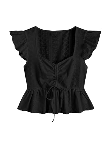 SOLY HUX Women's Ruched Sweetheart Neck Cap Sleeve Ruffle Trim