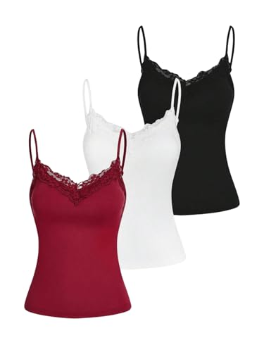 SOLY HUX Women's Camisole Tops with Built in Bra 3 Packs Lace Trim