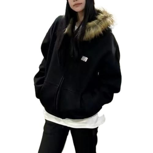 Amazon.com: Grunge Fur Hood Zip Up Hoodie Women Teen Girls Y2k Emo