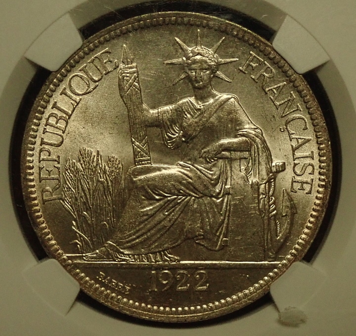 フランス領インドシナ、1922年H、貿易銀ピアストルMS64準最高鑑定