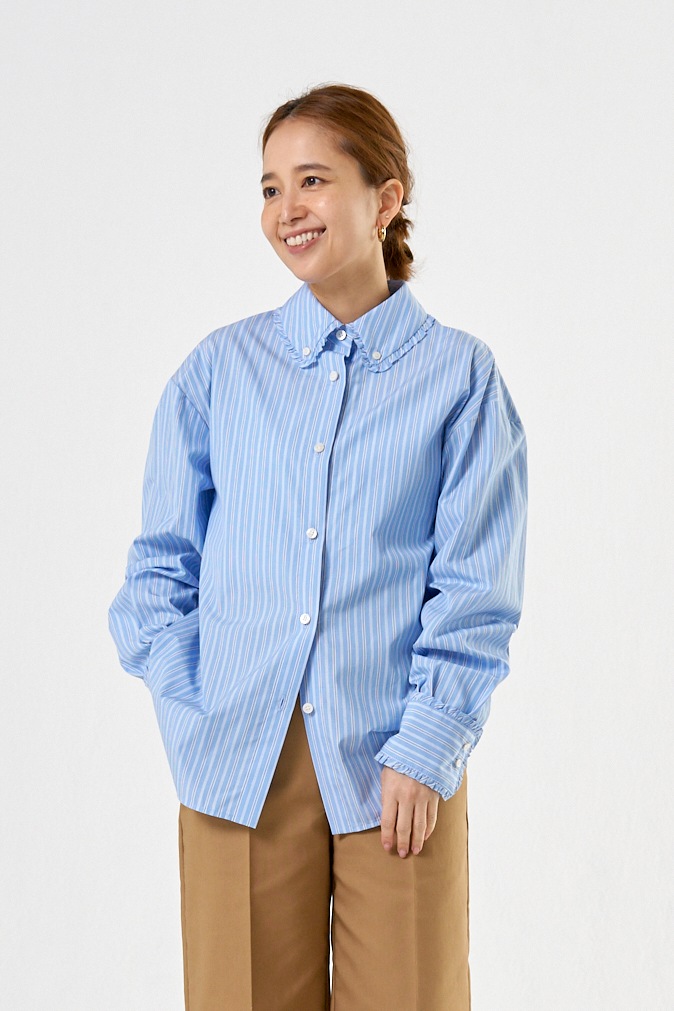 yori ミニフリルストライプシャツブルー36