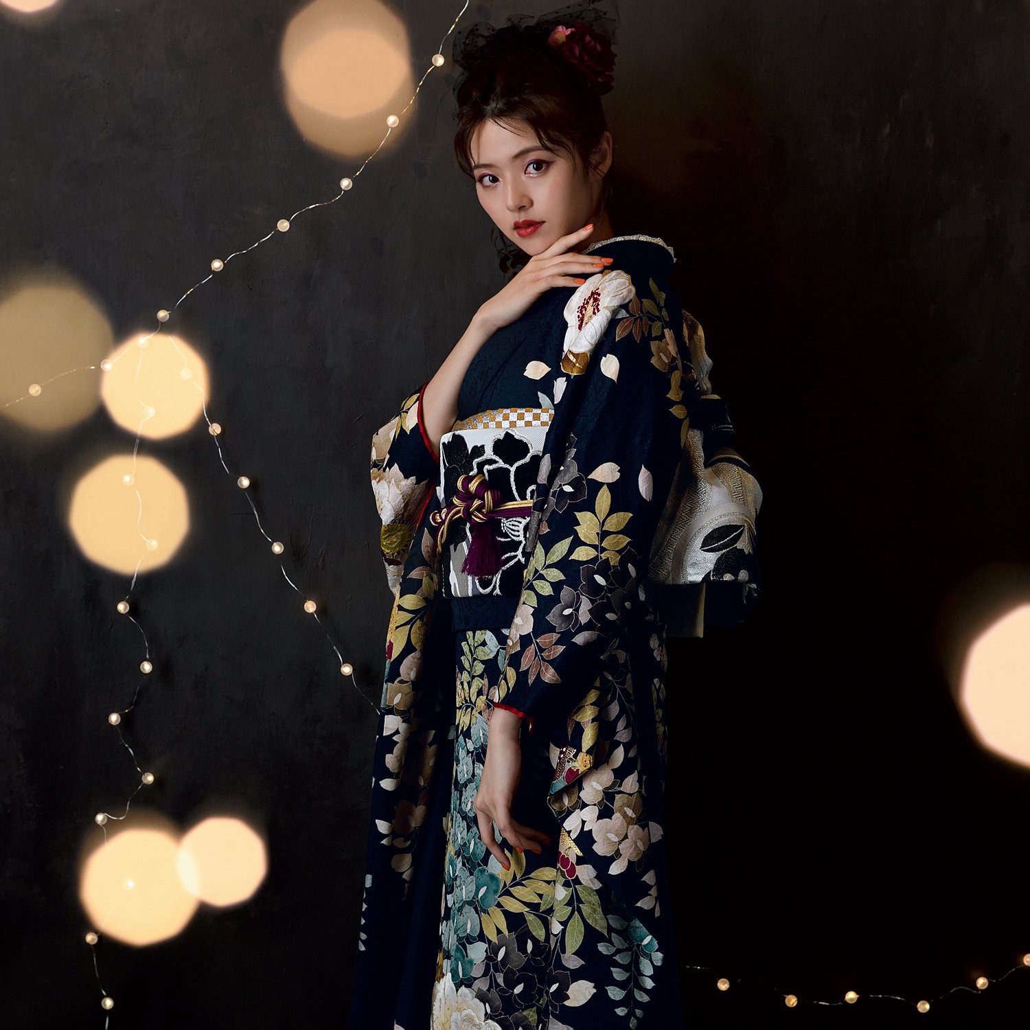 Dear 黒紺 牡丹と藤花（【振袖・袋帯・長襦袢のセット商品です