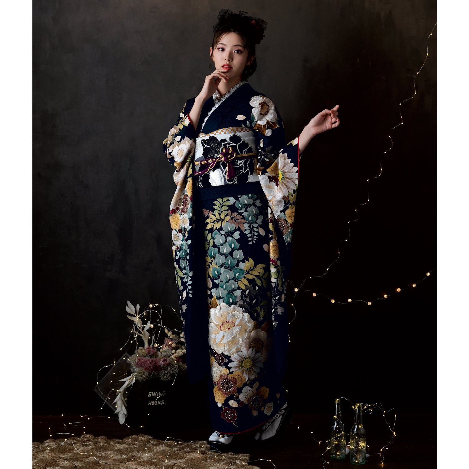 Dear 黒紺 牡丹と藤花（【振袖・袋帯・長襦袢のセット商品です