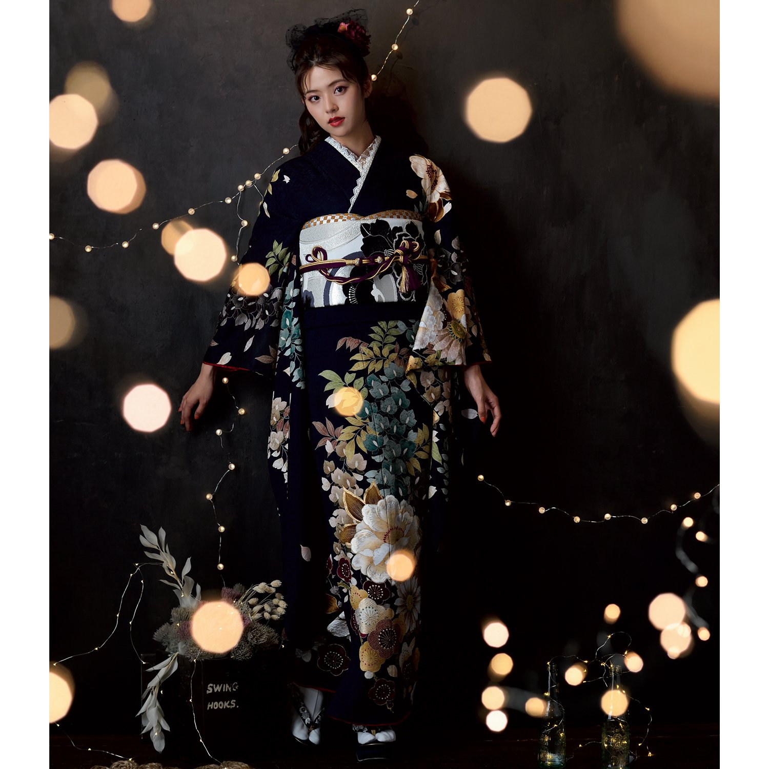 Dear 黒紺 牡丹と藤花（【振袖・袋帯・長襦袢のセット商品です