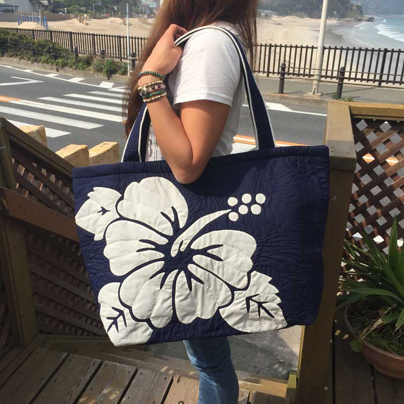 Hawaiianquiltハワイアンキルトバッグ ハイビスカス柄スクエアートート