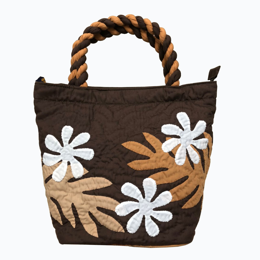 ハワイアンキルト ハンドバッグ プルメリア×モンステラ ブラウン