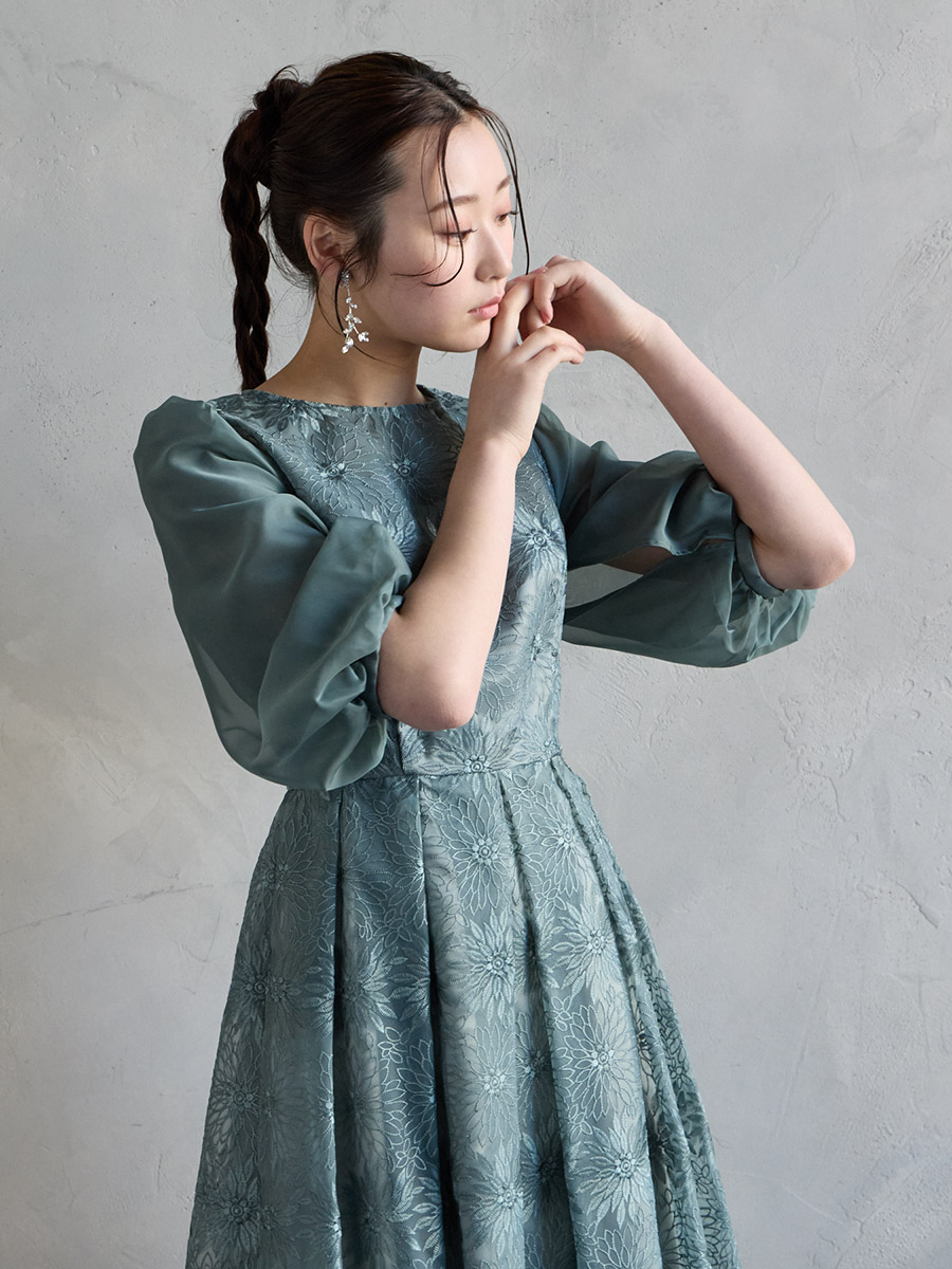 オーガンジー花柄刺繍ボリュームスリーブドレス(S ピンク): AIMER