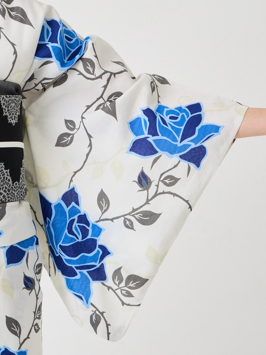 WEB限定】浴衣3点セット（浴衣「NaturalFurifu・青薔薇」+ 半巾帯「花