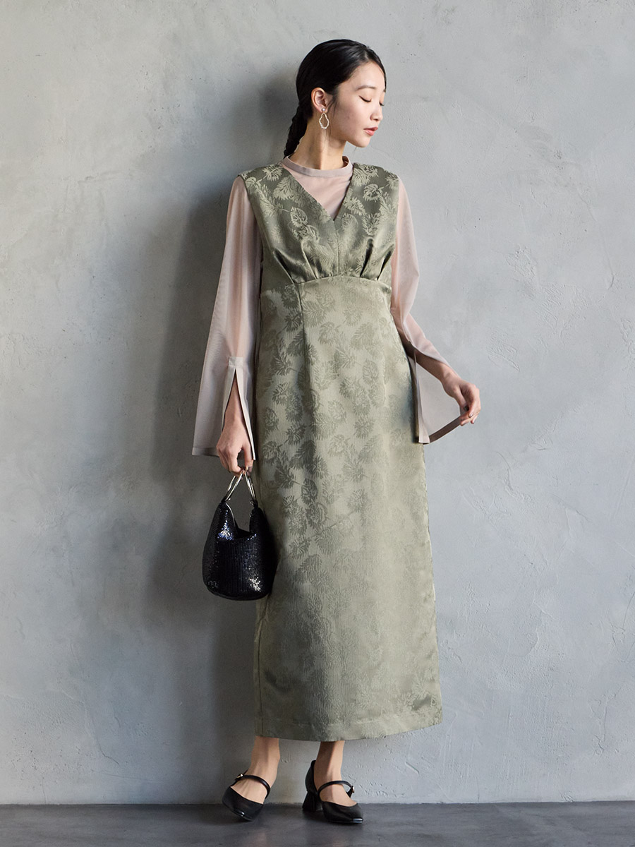 試着キャンペーン対象】チュールブラウス付きジャカードIラインドレス