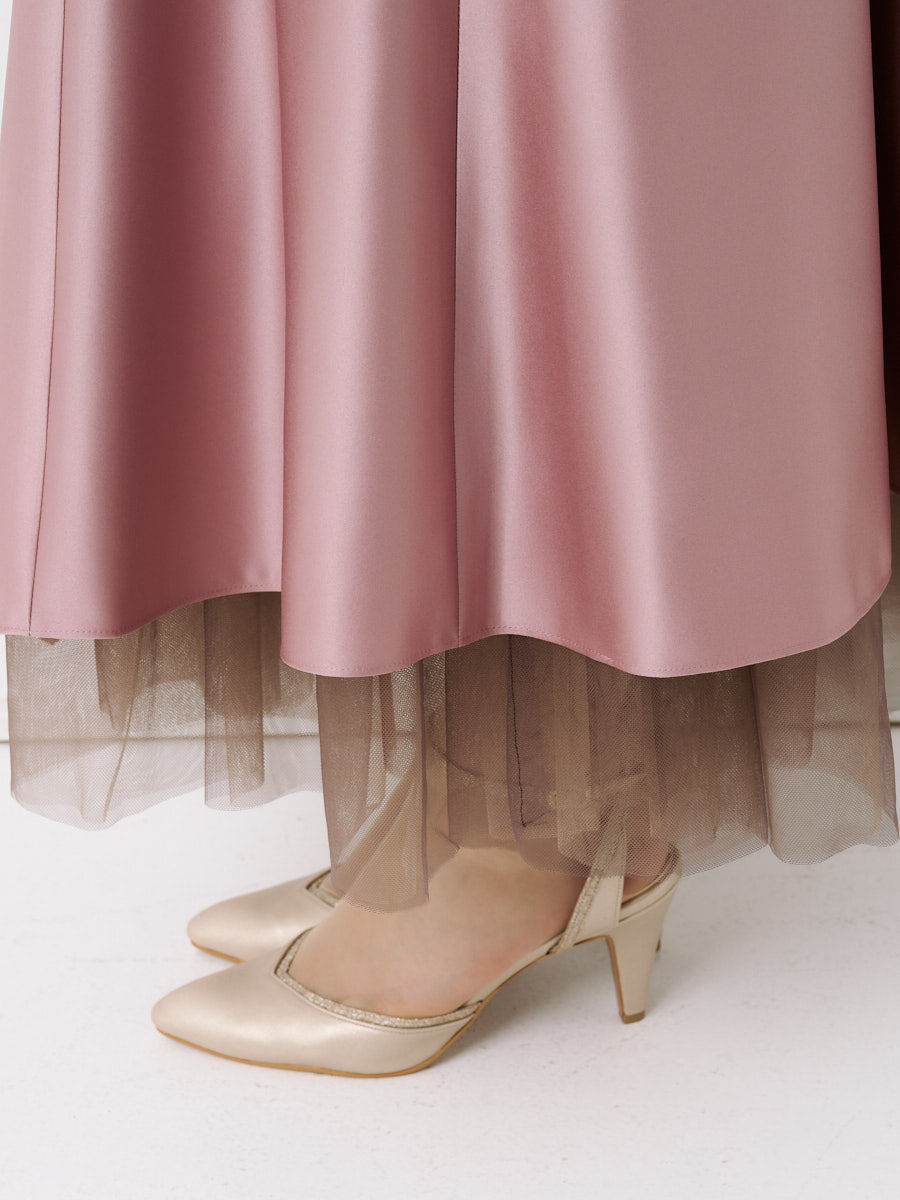 3WAYチュールスカート付きフィット＆フレアドレス(M ピンクベージュ