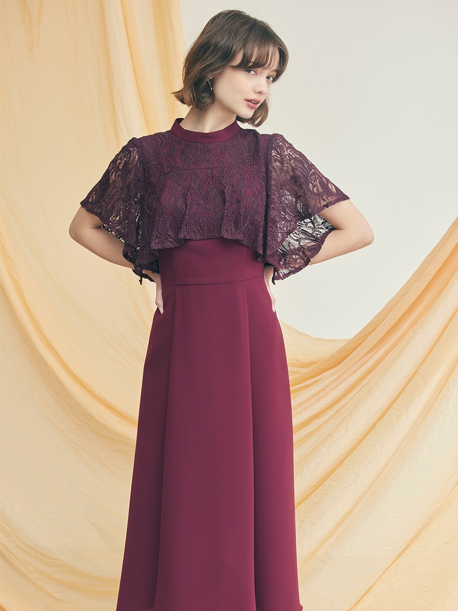 試着キャンペーン対象】レースケープ風スリーブフィット＆フレアドレス