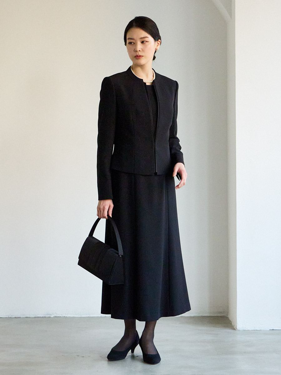 喪服・礼服】ロング丈ブラックフォーマルアンサンブル（サテン切り替え