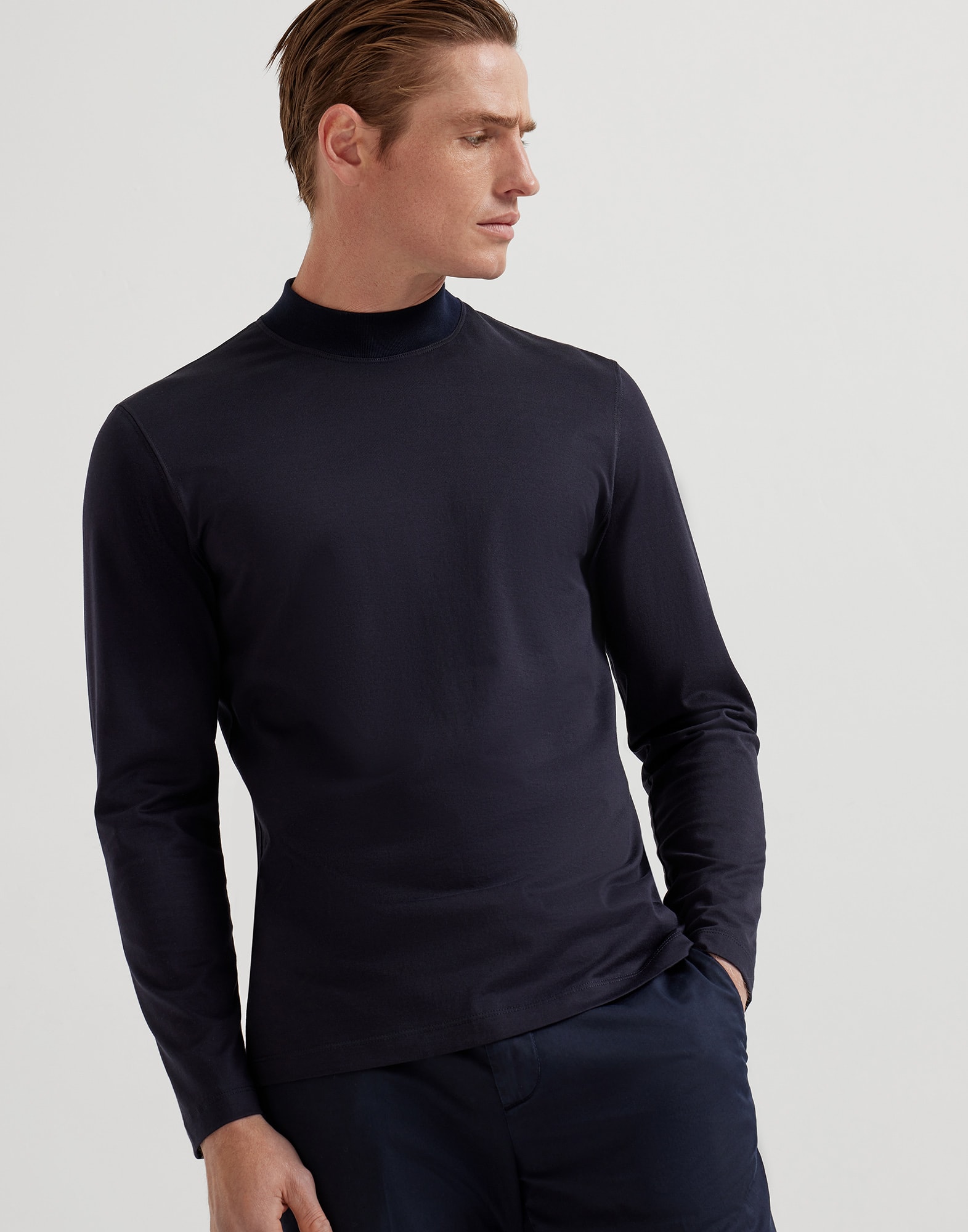Jersey mock neck T-shirt for Man in Navy Blue | Brunello Cucinelli
