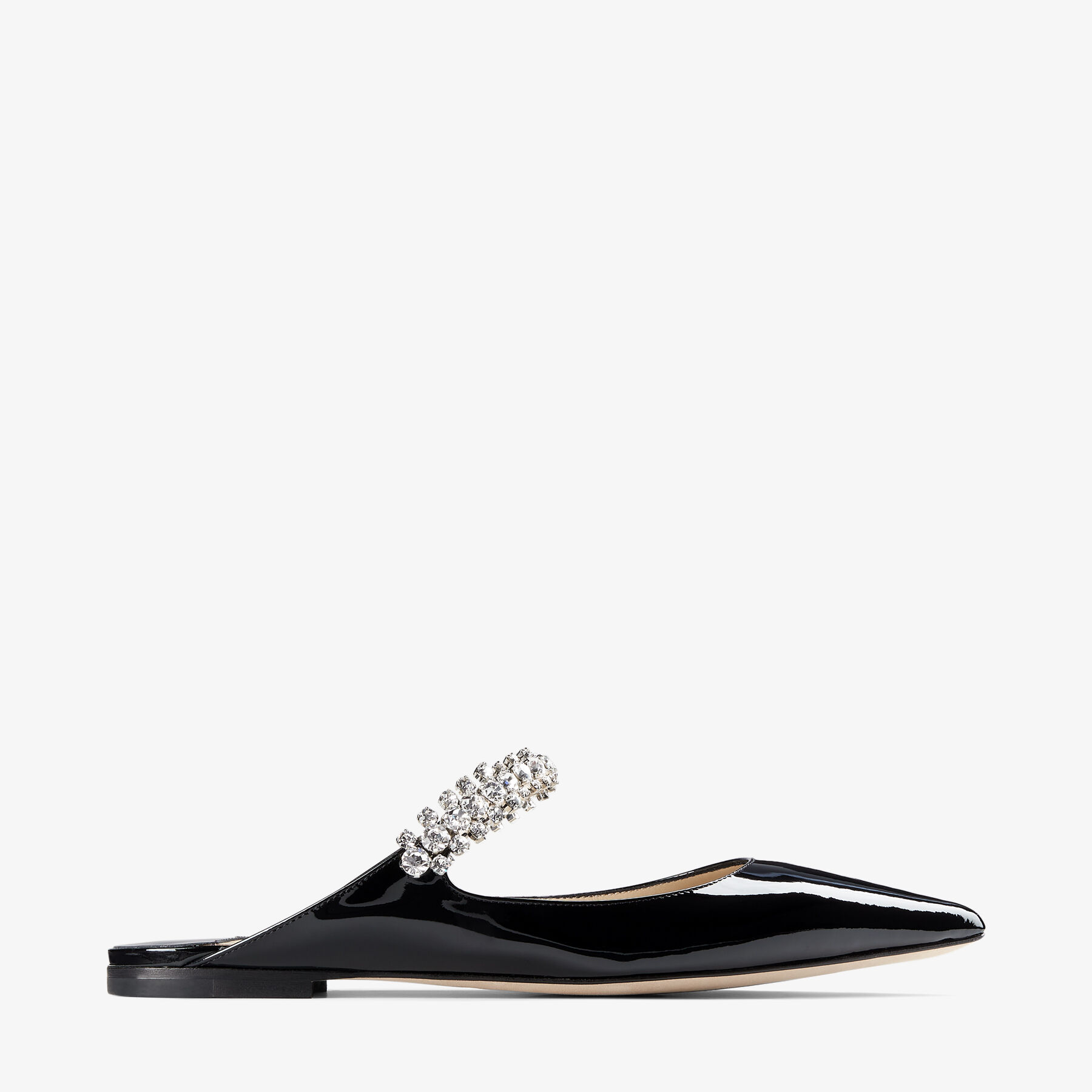 Bing Flat | Black Patent Leather Mules with Crystal Strap | JIMMY CHOO