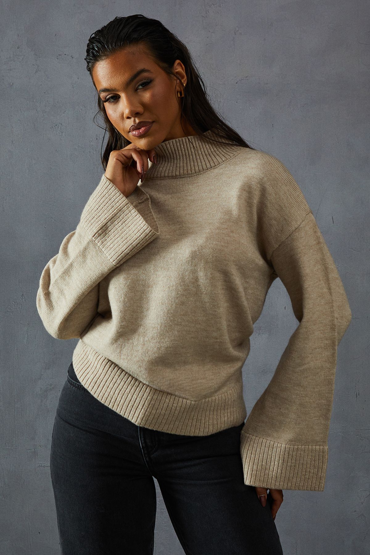 Jumpers & Cardigans | Knitted High Neck Wide Sleeve Jumper | MissPap