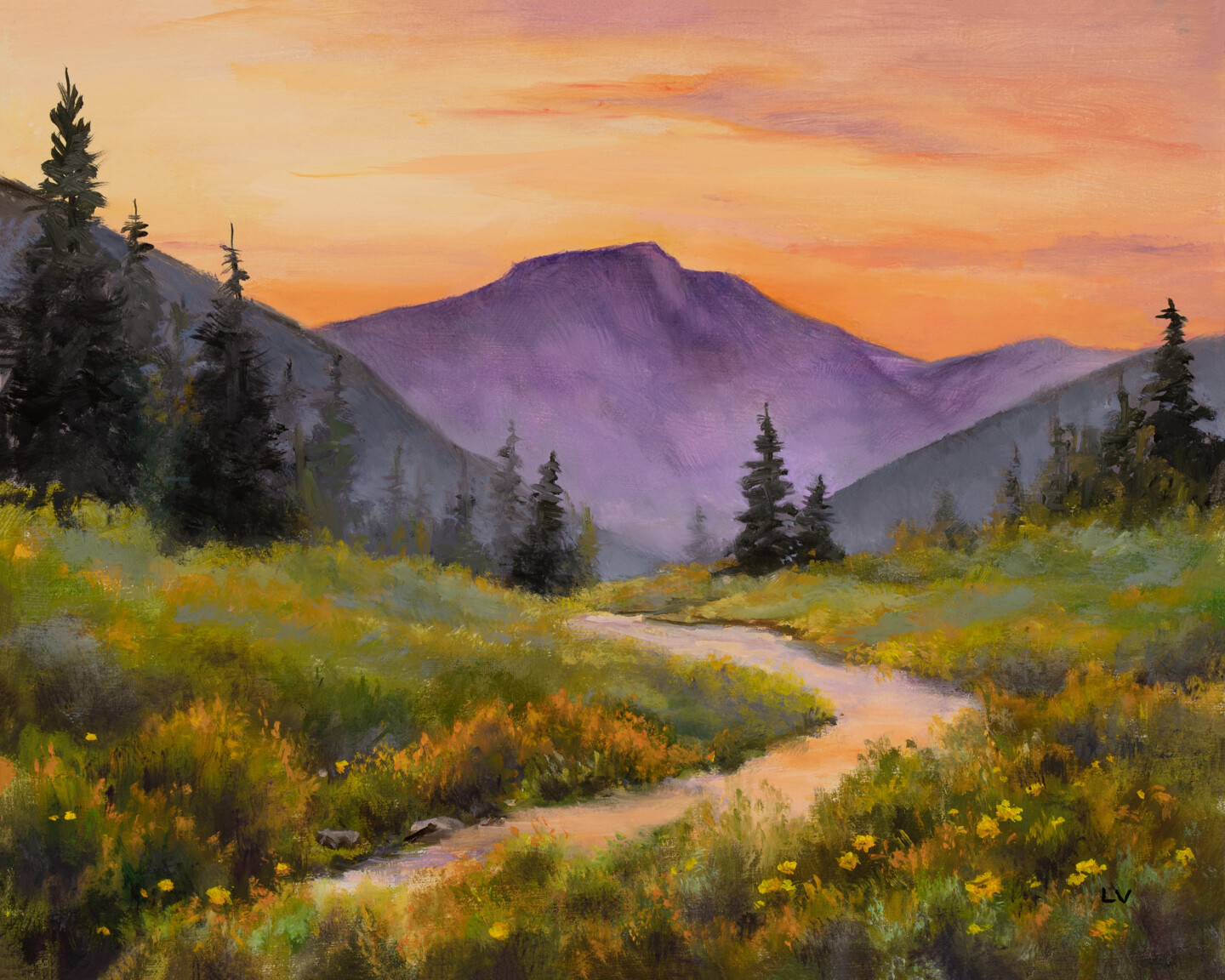 Mountain Stream With Warm Sunset, Painting by Lucia Verdejo