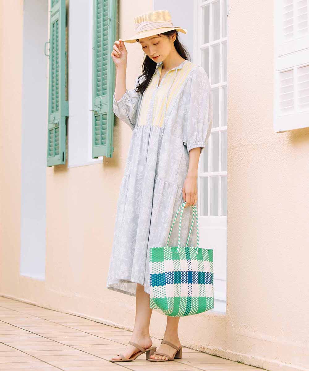 大きいサイズ レディース ボタニカル柄 ストライプ ワンピース