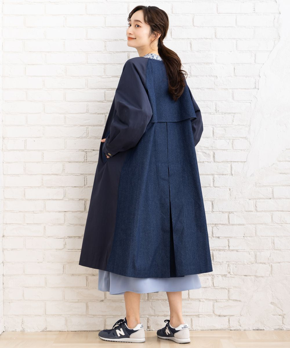大きいサイズ レディース ノーカラーコート ロング丈 デニム切替