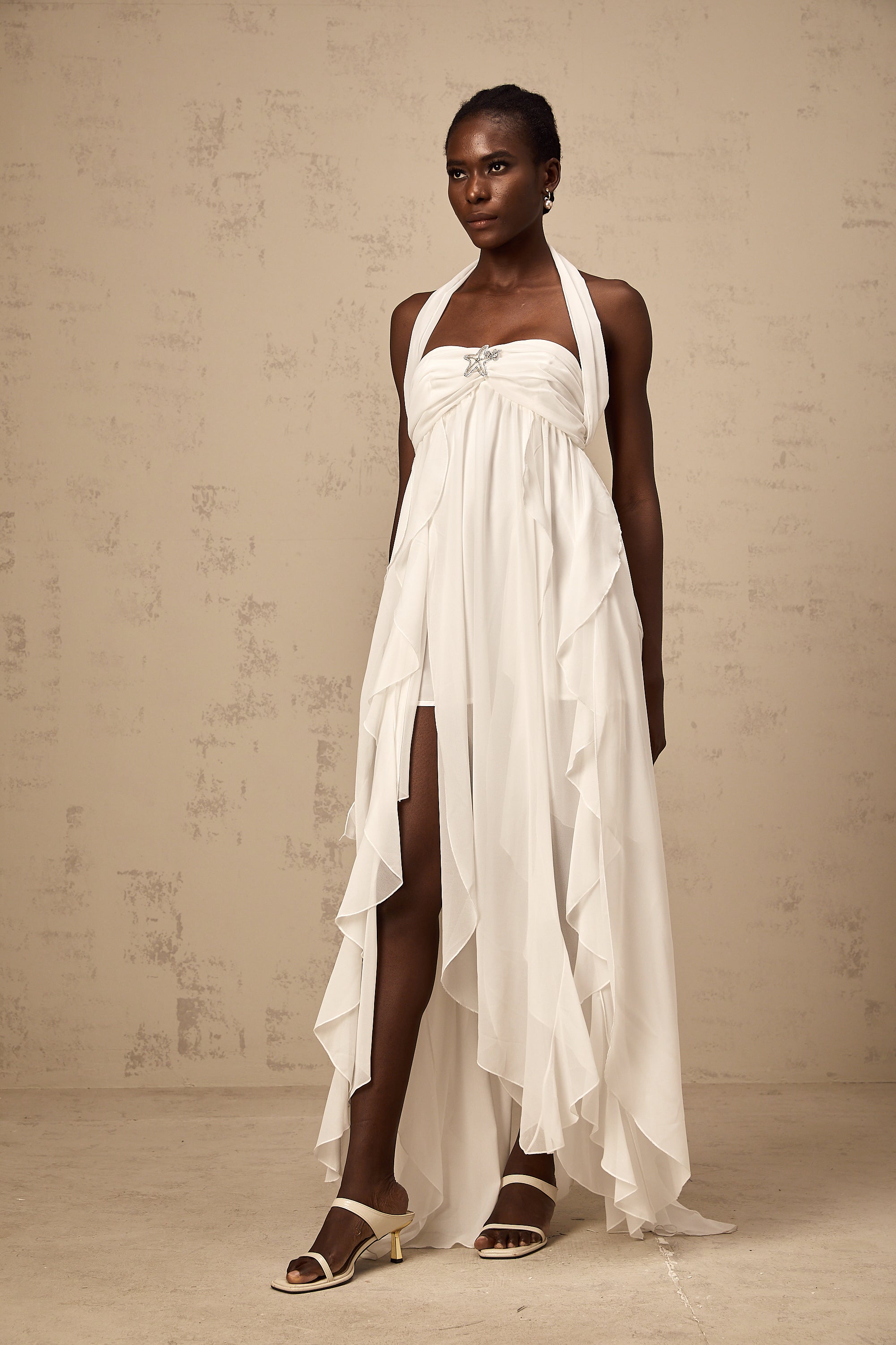 Mariah White Chiffon Ruffle Halterneck Maxi Dress