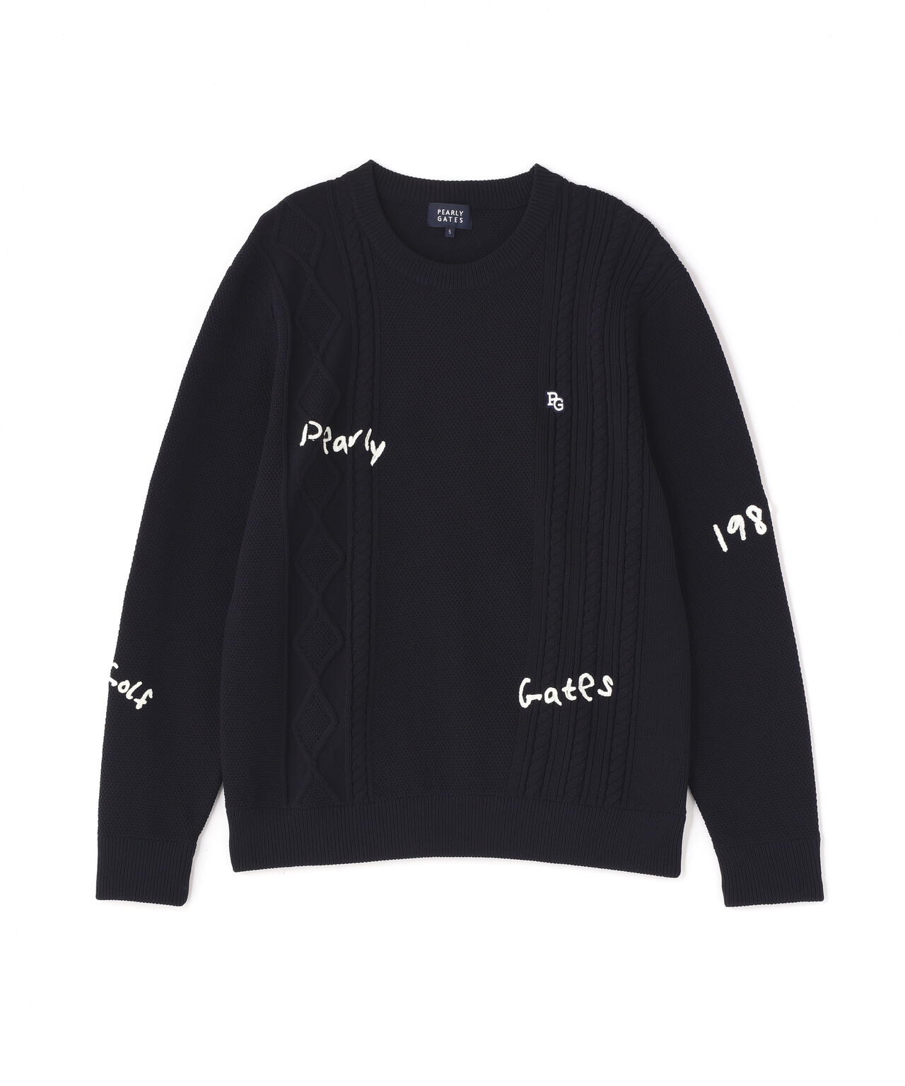 7Gアラン柄×刺繍ランダム編みクルーネックニットプルオーバー | PEARLY