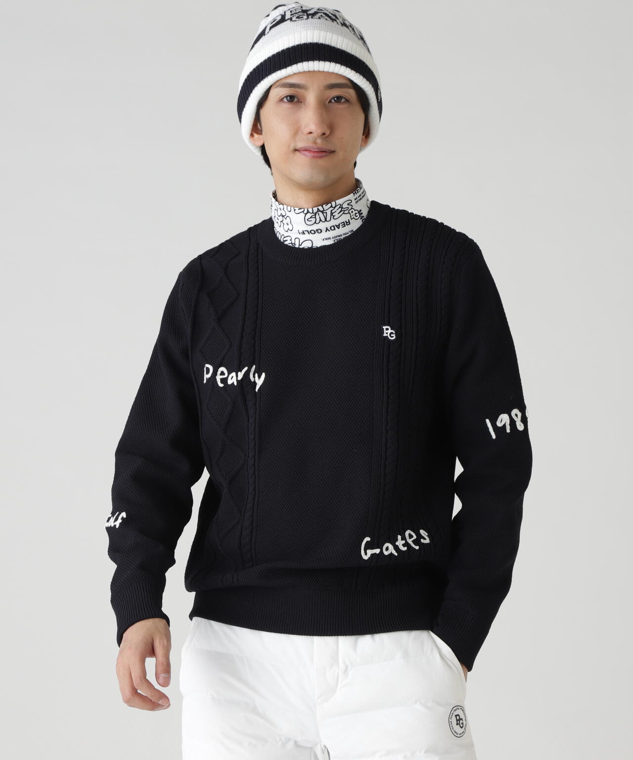 7Gアラン柄×刺繍ランダム編みクルーネックニットプルオーバー | PEARLY