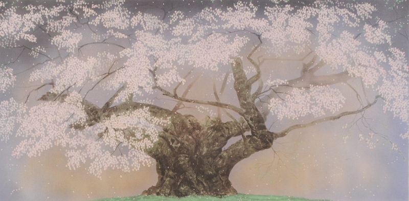 中島千波がリトグラフの版画で制作した和の桜の絵画「樹霊淡墨桜」を