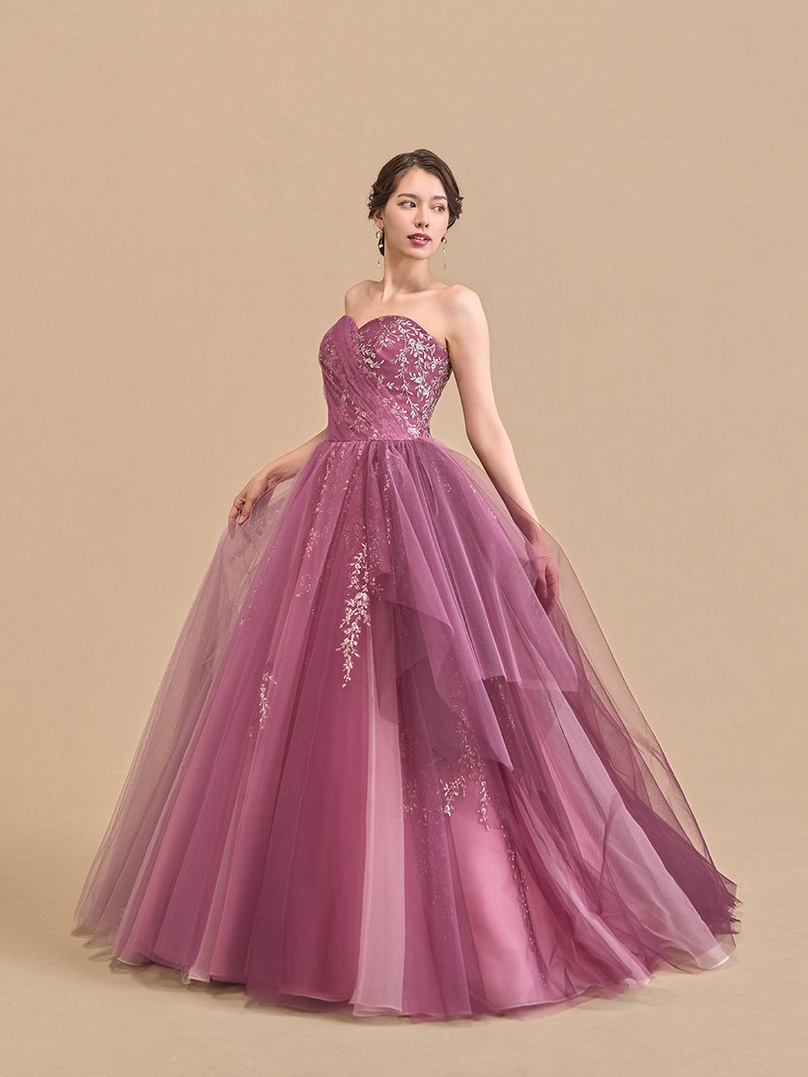 ピンクのビーズ装飾ストラップレスドレス カラードレス 9号〜13号