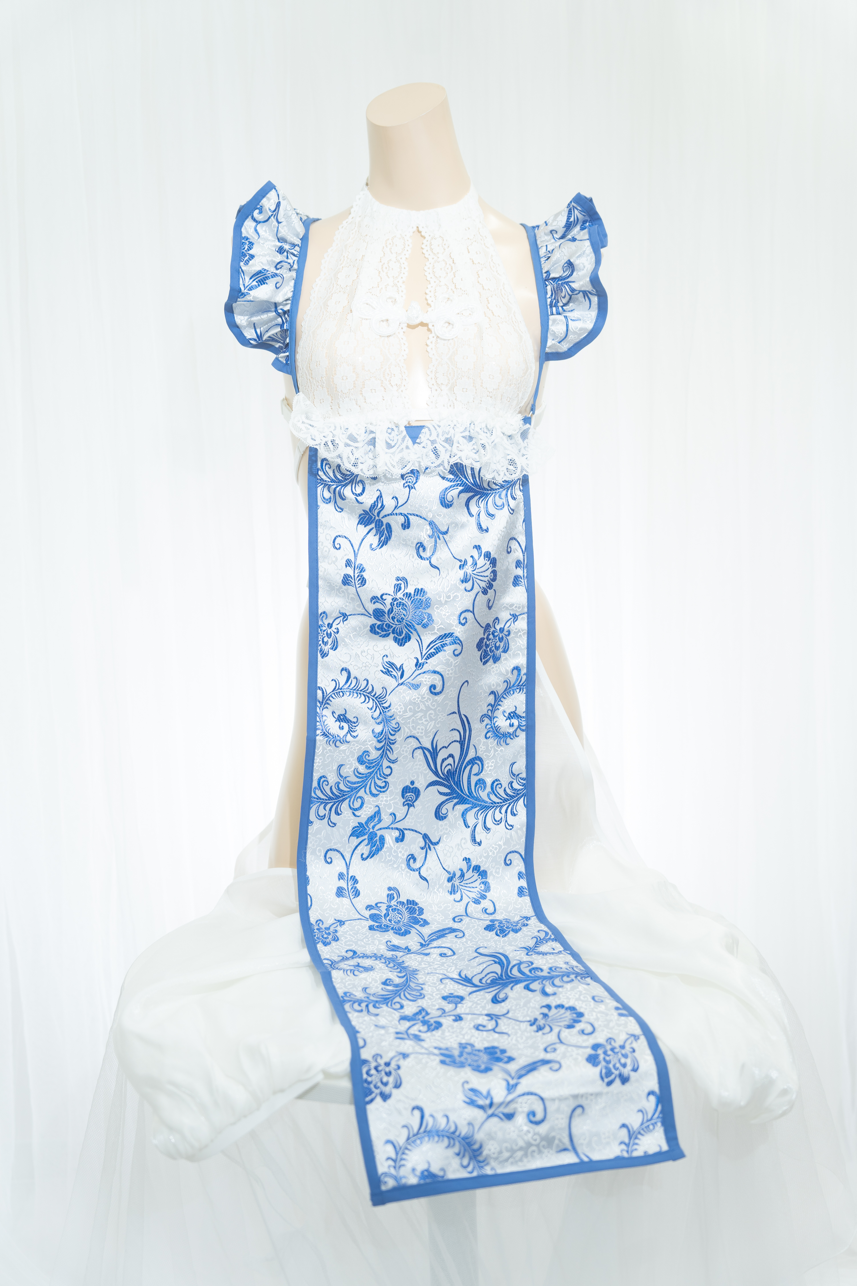 D0069 チャイナエプロン 3点セット 白青/M企画｜NANIKIRU