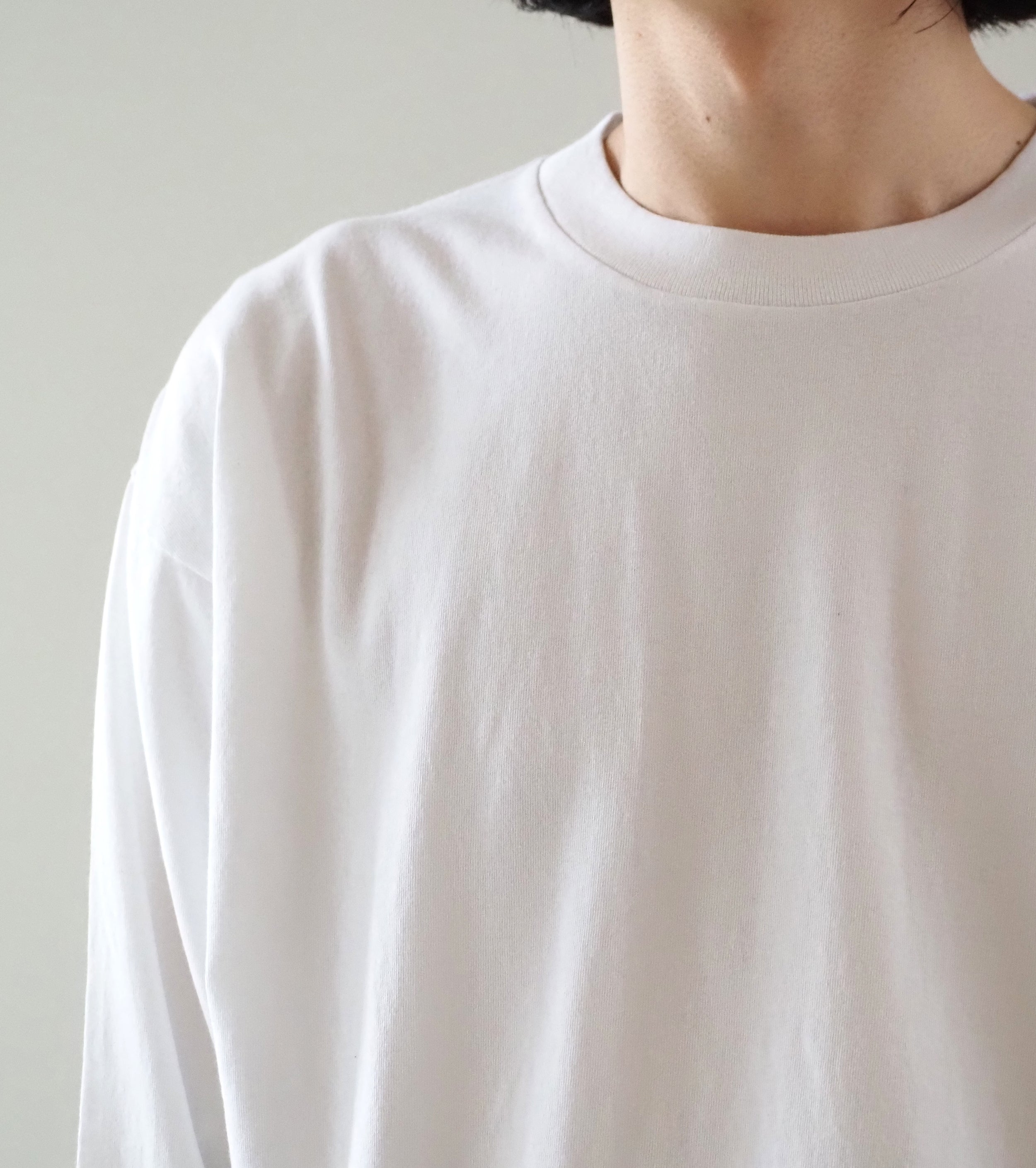 COMOLI コットン ジャージ 長袖 Tシャツ , White – Navyblue