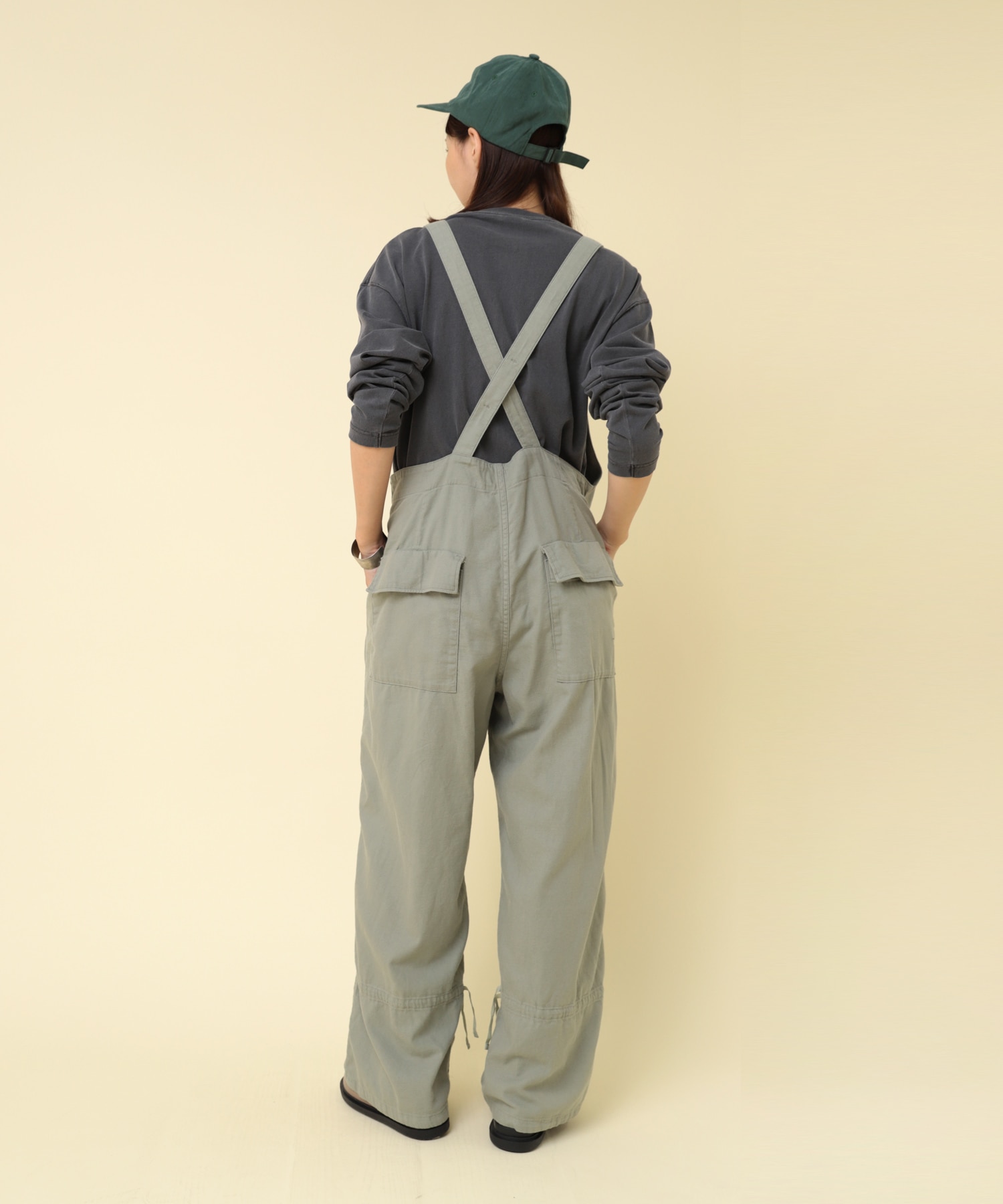 O0738 コットンシルクミリタリーオーバーオール(F ブラック