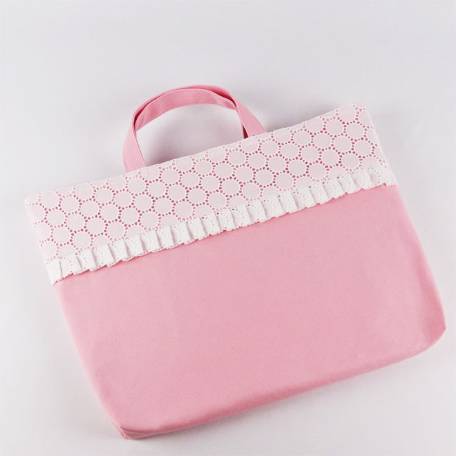 レッスンバッグ 大きめ フリル 【 レース・刺繍 ピンク】入園入学